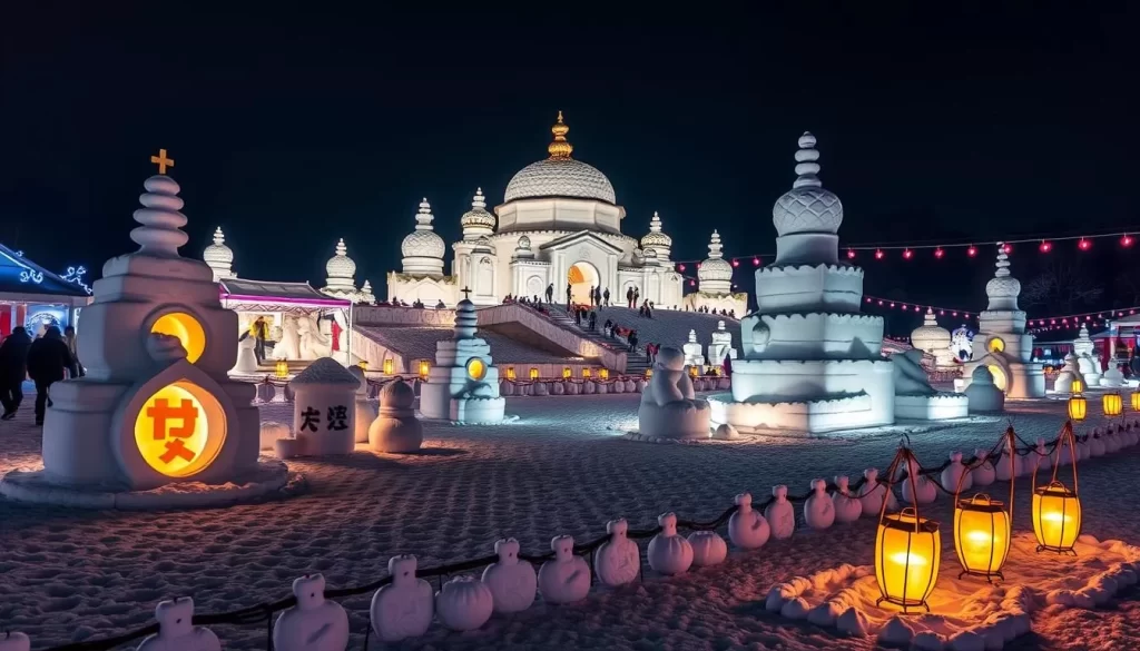 Generate an image of the Ouchi-juku Snow Festival at night with snow sculptures and lanterns illuminated.