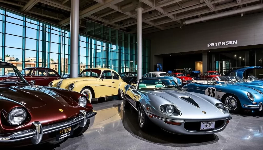 Generate an image of the Petersen Automotive Museum's impressive collection of vintage and modern cars.
