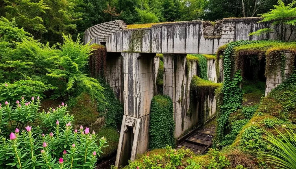 Generate an image of the Pinawa Dam ruins with lush vegetation surrounding the concrete structure.