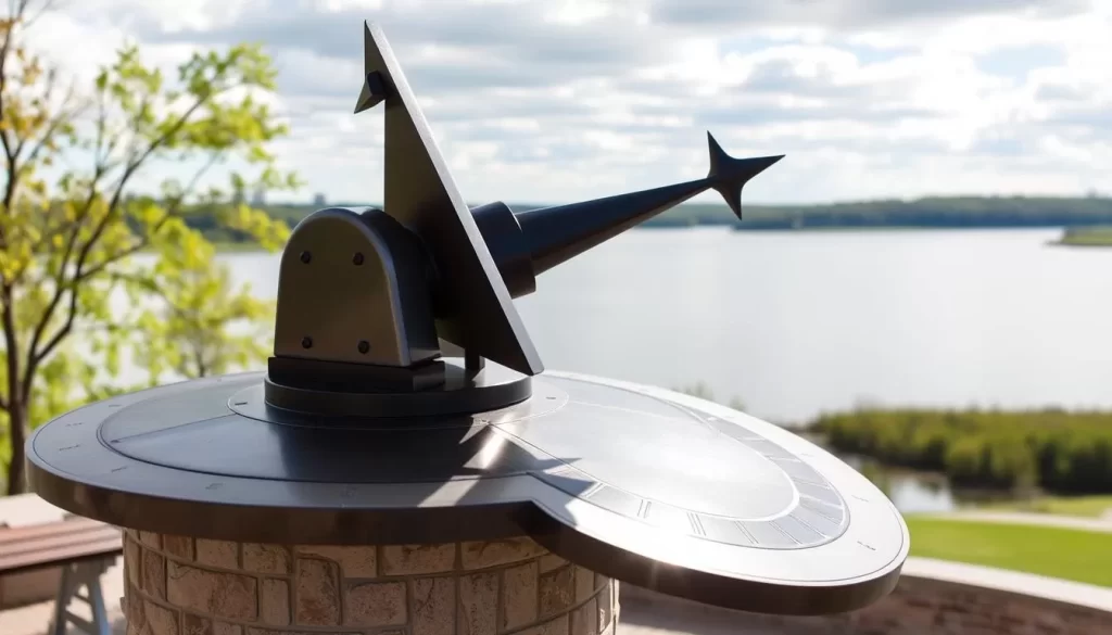 Generate an image of the Pinawa Heritage Sundial, a large horizontal sundial with a gnomon, situated in a park overlooking the Winnipeg River.