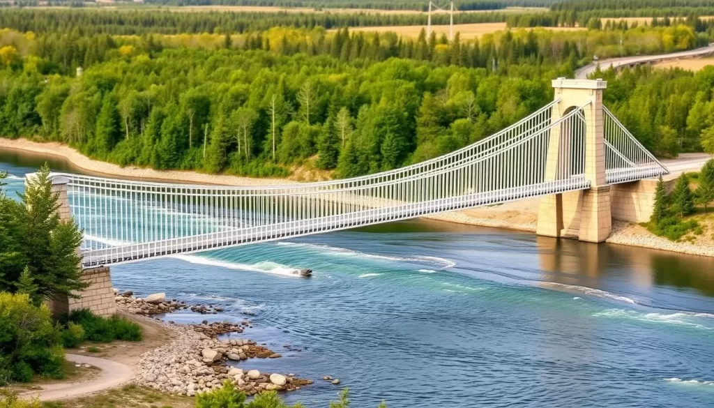Generate an image of the Pinawa Suspension Bridge with the Pinawa Channel flowing beneath it.