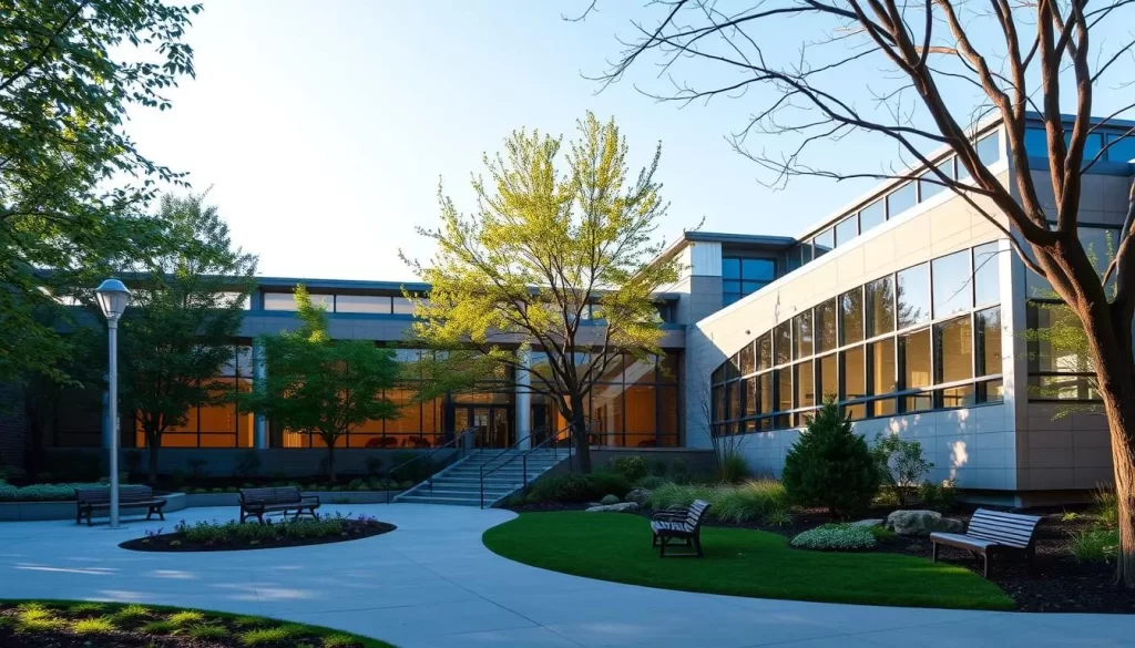 Generate an image of the Poetry Foundation's building with its modern architecture and serene public garden.