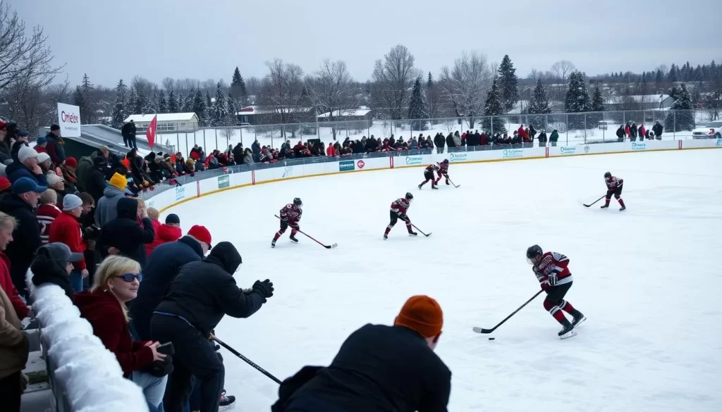 Generate an image of the Polar Pond Hockey Tournament on the frozen Hay River with teams competing and spectators cheering.