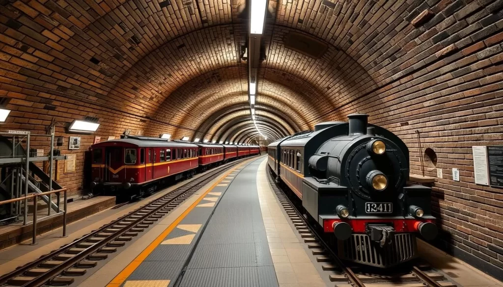 Generate an image of the Postal Museum's Mail Rail, highlighting the vintage trains and underground tunnels.
