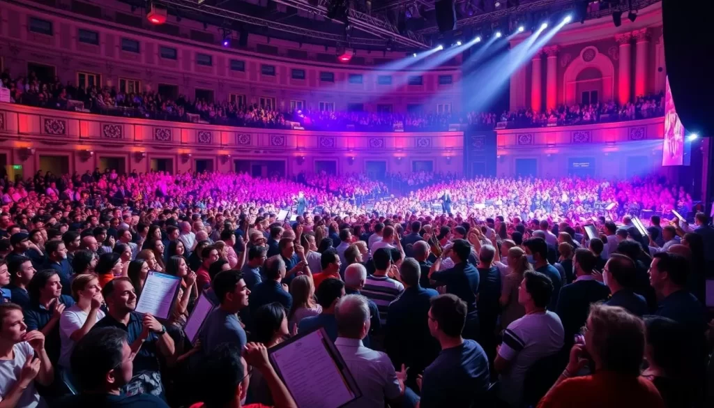 Generate an image of the Prague Spring International Music Festival scene with a large audience and performers on stage.