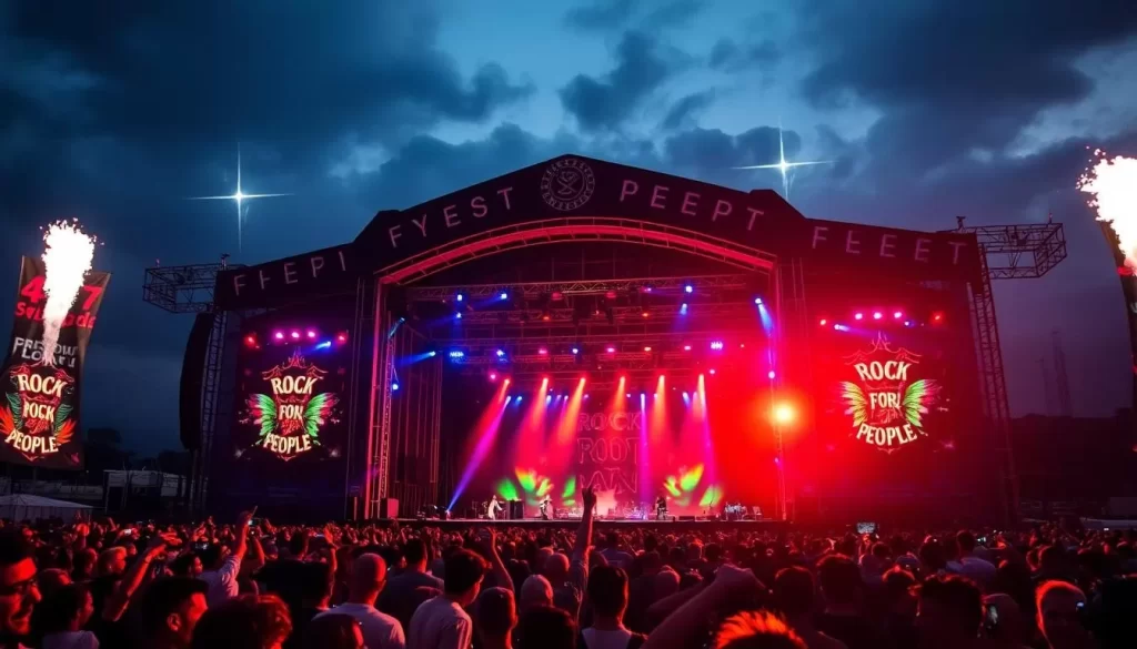 Generate an image of the Rock for People festival with a large stage and energetic crowd.