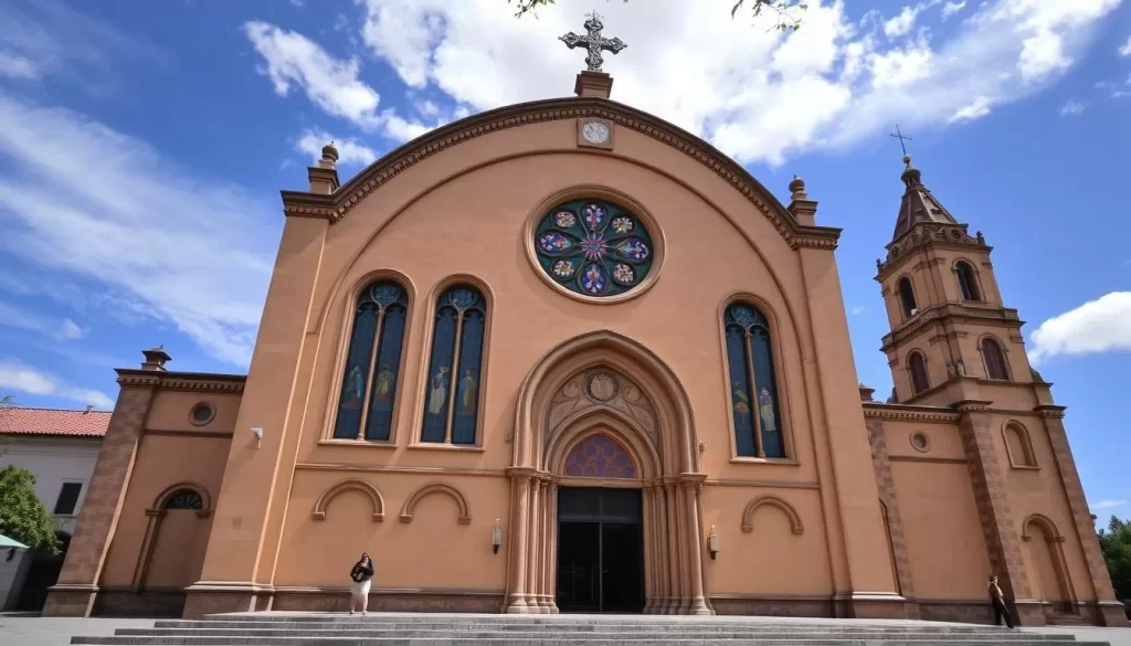 Generate an image of the Rosario Cathedral's unique exterior with its half-circle design and stained glass windows.