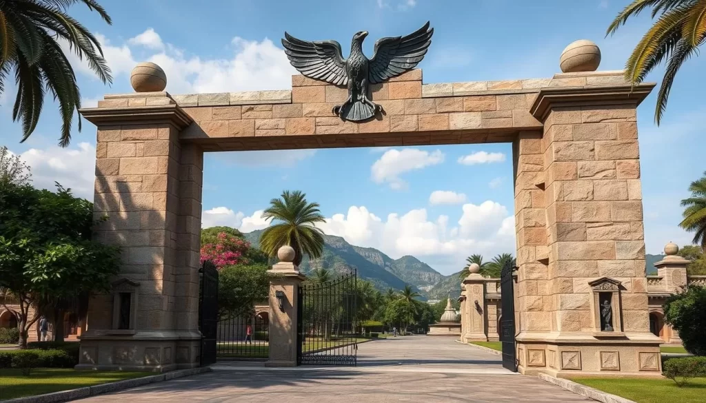 Generate an image of the Rova Palace Complex, showcasing its stone entry gate topped by a bronze eagle and the surrounding landscape.