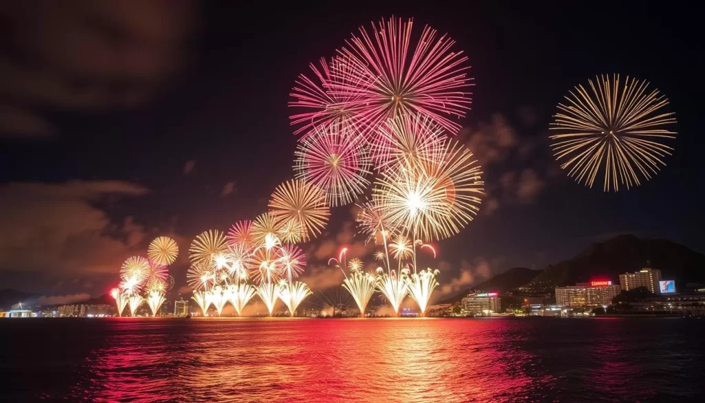 Generate an image of the Ryukyu Kaiensai Fireworks Festival with a breathtaking display of fireworks illuminating the night sky over Okinawa's coastline.