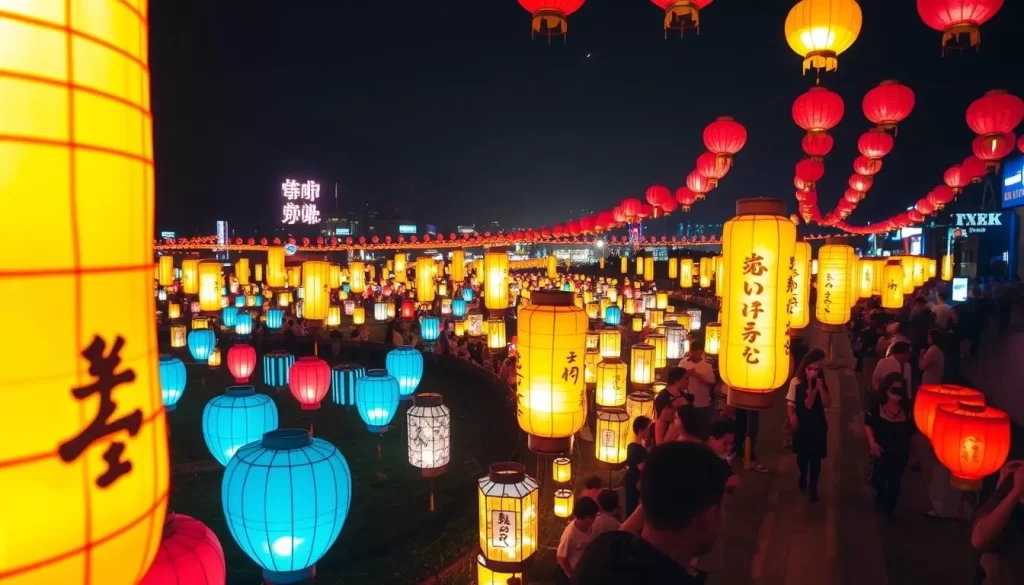 Generate an image of the Ryukyu Lantern Festival with thousands of colorful lanterns illuminating the streets of Okinawa at night.