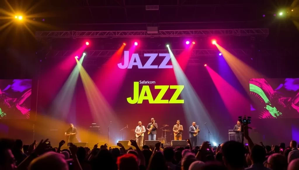 Generate an image of the Safaricom International Jazz Festival stage with renowned jazz musicians performing.