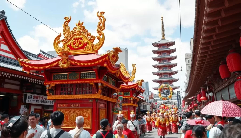 Generate an image of the Sanja Matsuri festival in Asakusa, Tokyo, with traditional floats and performances.