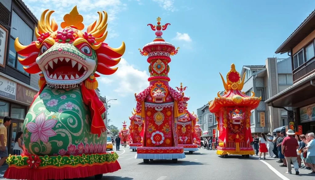 Generate an image of the Sanuki Toyohama Chosa Festival floats parading through the streets of Toyohama Town.