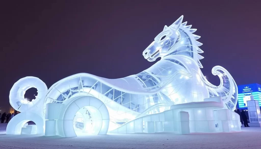 Generate an image of the Sapporo Snow Festival's most iconic ice sculpture.