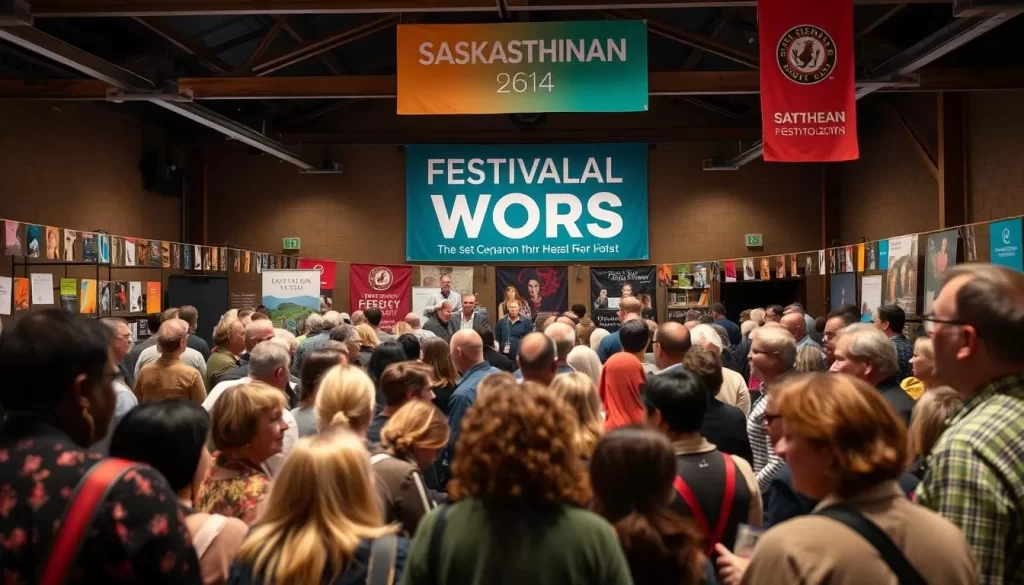 Generate an image of the Saskatchewan Festival of Words venue with authors, poets, and storytellers engaging with the audience.