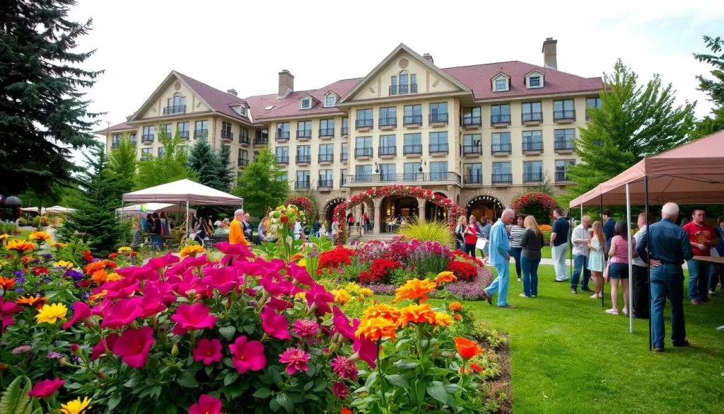 Generate an image of the Saskatoon Delta Bessborough Hotel gardens during the SaskTel Saskatchewan Jazz Festival.