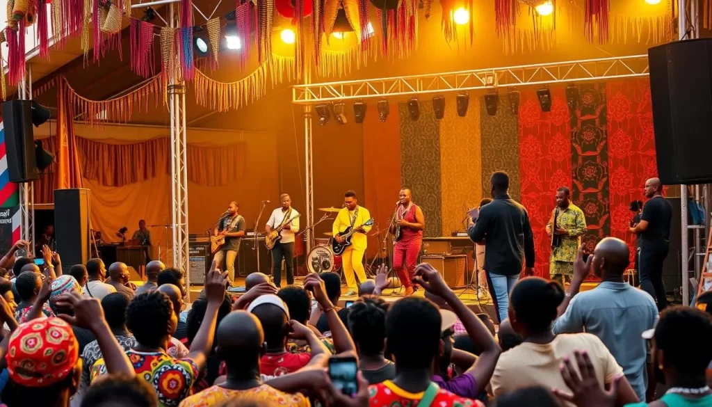 Generate an image of the Sauti za Busara Music Festival in Zanzibar, showcasing diverse African artists performing on stage.