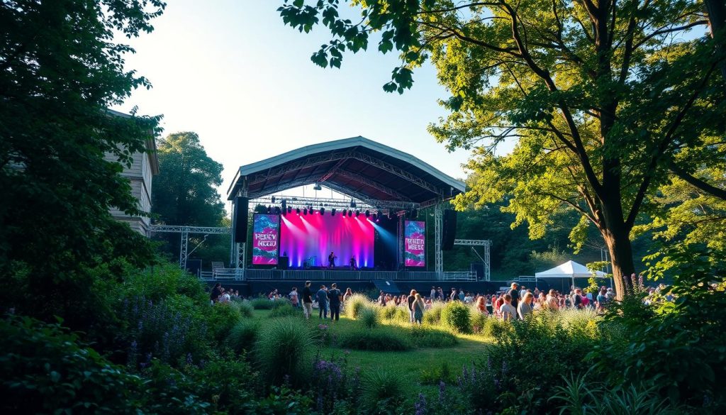 Generate an image of the Schiermonnikoog island with a stage setup for a festival, surrounded by lush greenery and a serene atmosphere.