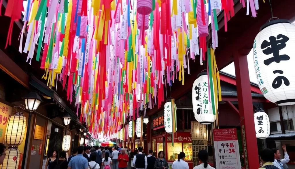Generate an image of the Sendai Tanabata Festival with thousands of colorful paper streamers and decorations.