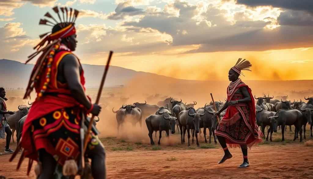 Generate an image of the Serengeti Cultural Festival, featuring Maasai tribe performances and the Great Wildebeest Migration in the background.