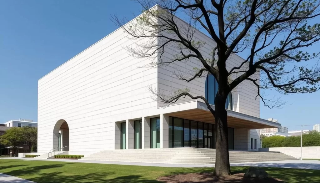 Generate an image of the Setagaya Art Museum's exterior, showcasing its architectural design and surroundings.