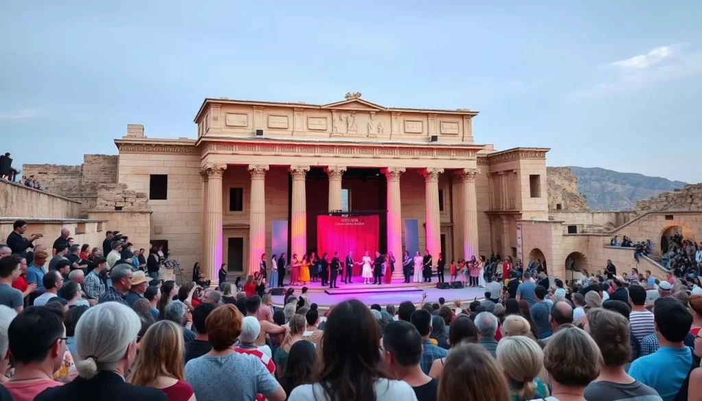 Generate an image of the Shakespeare Festival at the ancient Kourion amphitheatre.