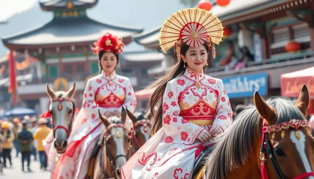 Generate an image of the Shan-Shan Horse Parade at the Shibushi Buddha Festival, showcasing women dressed as brides on horseback.
