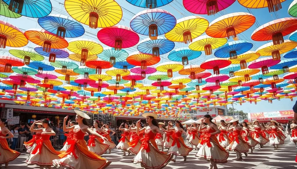 Generate an image of the Shanshan Festival in Tottori City, with thousands of dancers performing under colorful paper umbrellas adorned with bells.