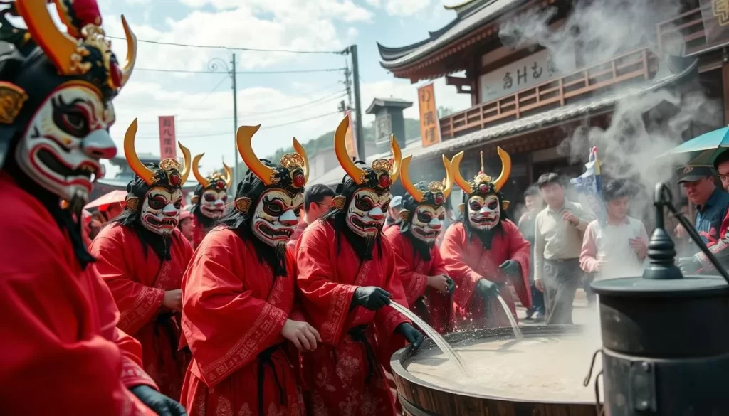Generate an image of the Shimotsuki Festival in Toyama-go, featuring masked participants representing deities purifying themselves in boiling water.
