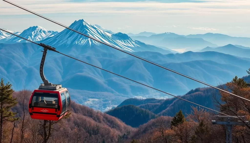 Generate an image of the Shinhotaka Ropeway with mountains in the background.