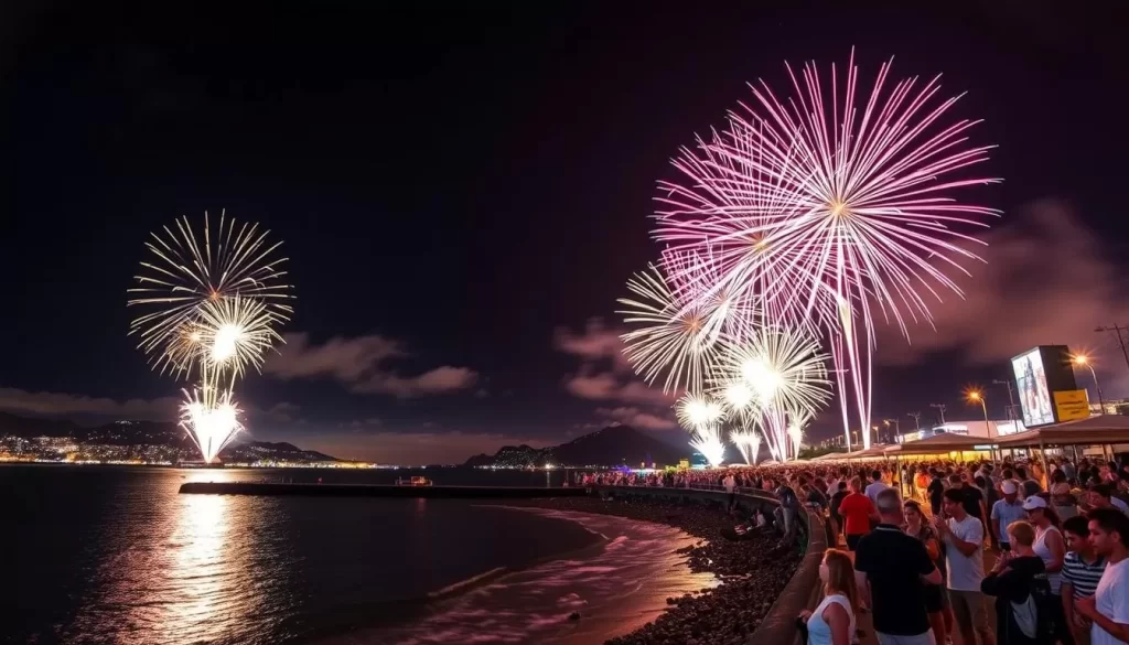 Generate an image of the Shirahama Summer Fireworks Festival, showcasing the fireworks display over Shirahama Bay.