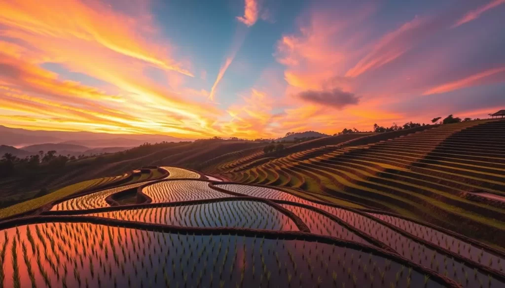 Generate an image of the Shiroyone Senmaida Rice Terraces during sunset.
