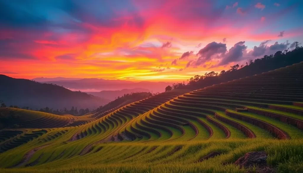 Generate an image of the Shiroyone Senmaida Rice Terraces during sunset, with the rice paddies reflecting the warm colors of the sky.