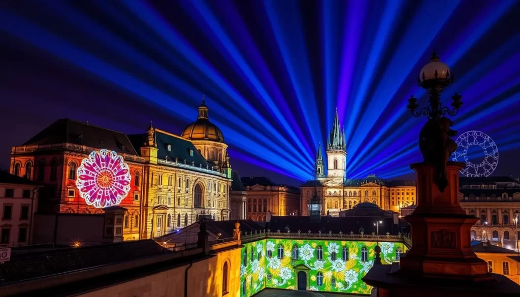 Generate an image of the Signal Festival in Prague with light installations on historical buildings.