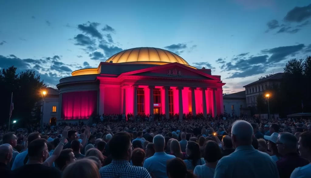Generate an image of the Skopje Opera House during the May Opera Evenings, with a crowd enjoying an opera performance.