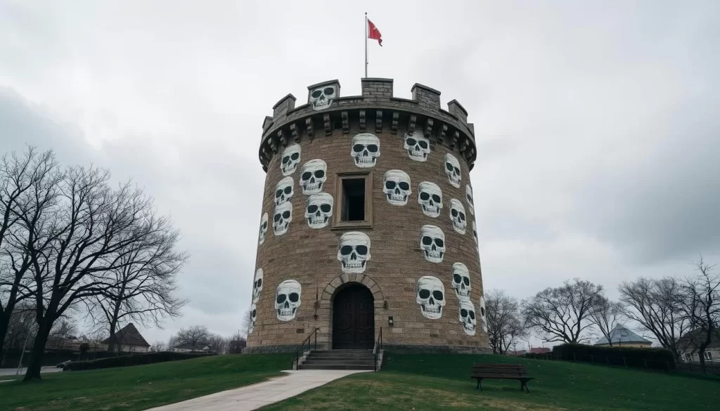 Generate an image of the Skull Tower in Nis, Serbia, with a somber and respectful atmosphere.