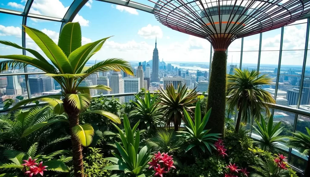 Generate an image of the Sky Garden with its tropical plants and city views.