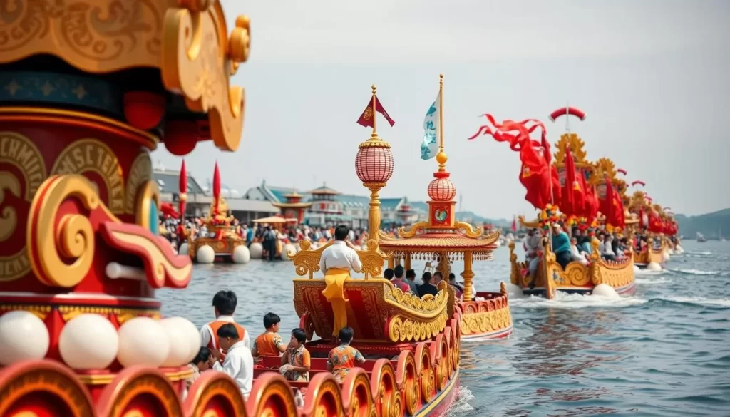 Generate an image of the Spirit Boat Procession in Nagasaki, showcasing elaborate boats and festive atmosphere.
