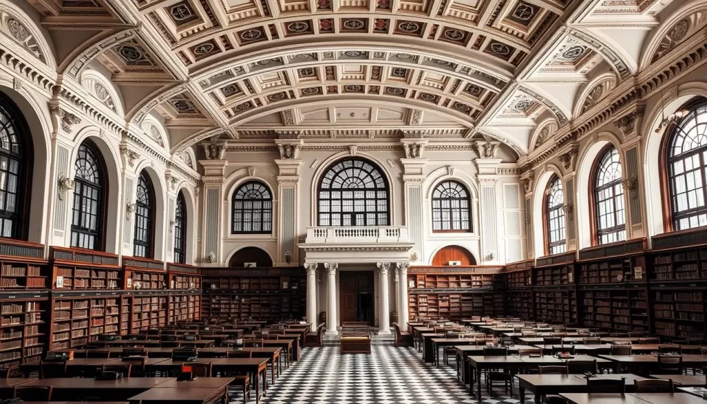 Generate an image of the State Library of Pennsylvania, highlighting its grand reading room and Art Deco architecture.