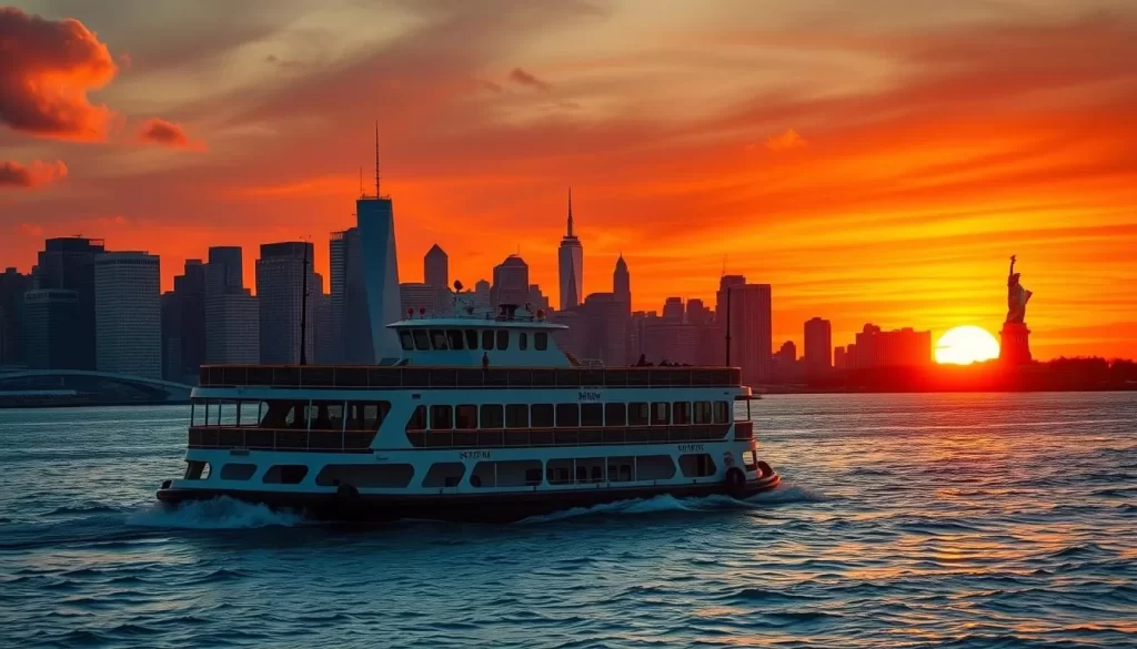 Generate an image of the Staten Island Ferry with the Manhattan skyline and Statue of Liberty in the background.