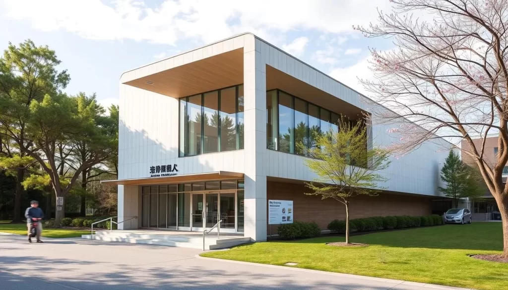Generate an image of the Suginami Animation Museum's exterior, showcasing its modern architecture amidst a serene environment.