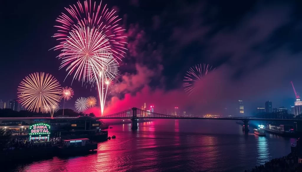 Generate an image of the Sumida River Fireworks Festival with fireworks lighting up the night sky over the Sumida River.