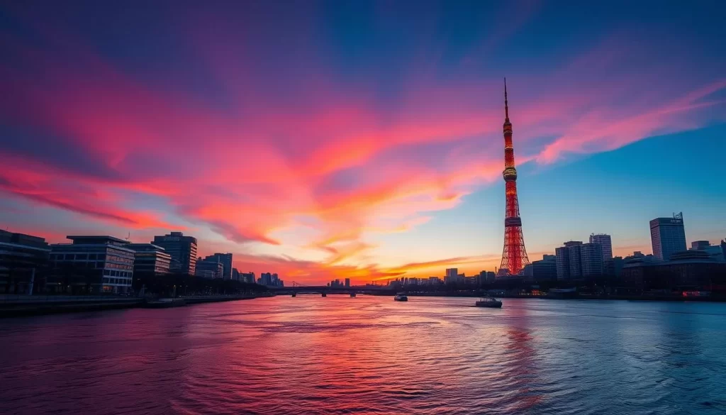 Generate an image of the Sumida River with Tokyo Skytree in the background during sunset.