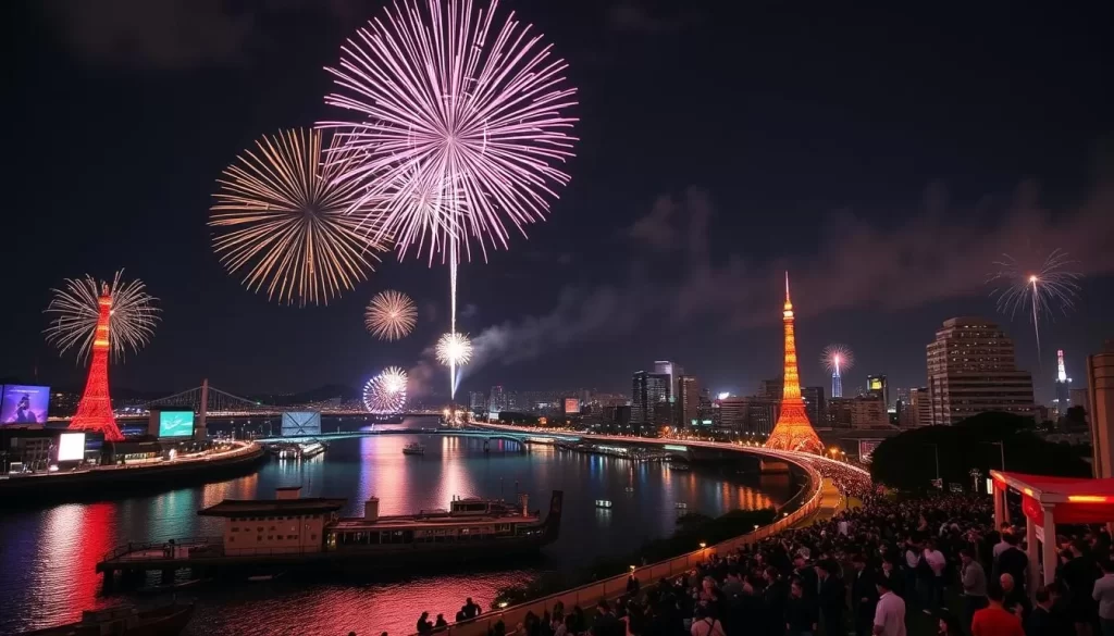 Generate an image of the Sumidagawa Fireworks Festival along the Sumida River in Tokyo.