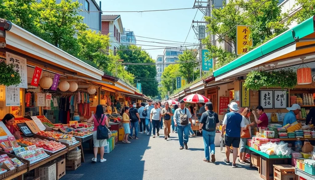Generate an image of the Sunday Market in Kōchi City, with vendors selling local goods and people shopping.