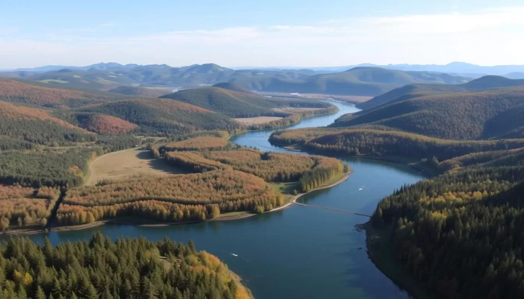 Generate an image of the Swan River Valley with rolling hills, lush forests, and meandering waterways.