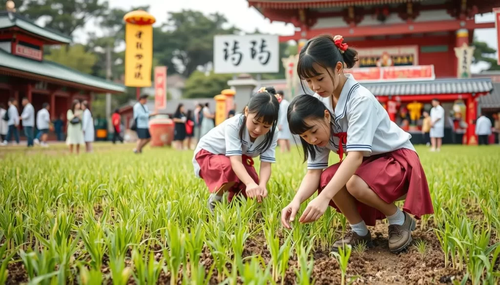 Generate an image of the Taga Taisha Rice-Planting Festival, capturing the moment when local junior high school girls plant rice seedlings in the shrine's sacred paddy.