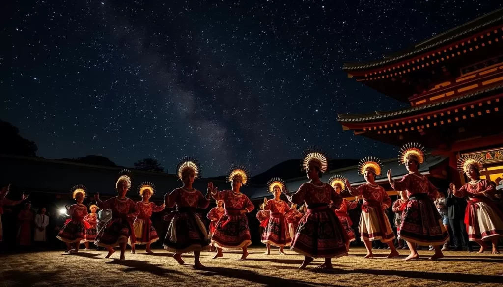 Generate an image of the Takachiho Mythical Dance Festival, showcasing traditional dancers performing sacred dances under the night sky.