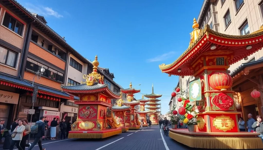 Generate an image of the Takaoka Mikurumayama Festival floats parading through the old city.