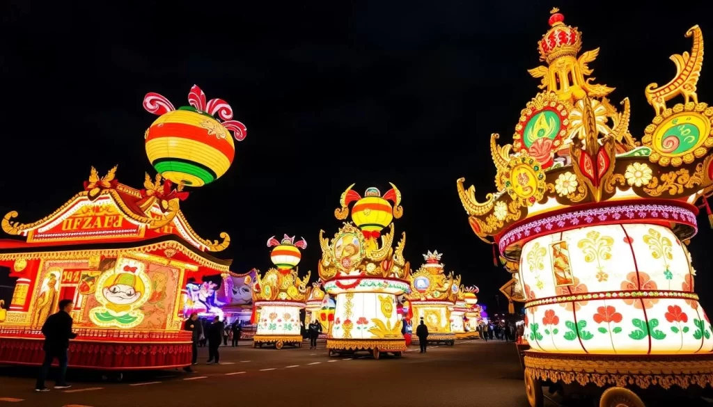 Generate an image of the Takayama Autumn Festival floats illuminated at night.